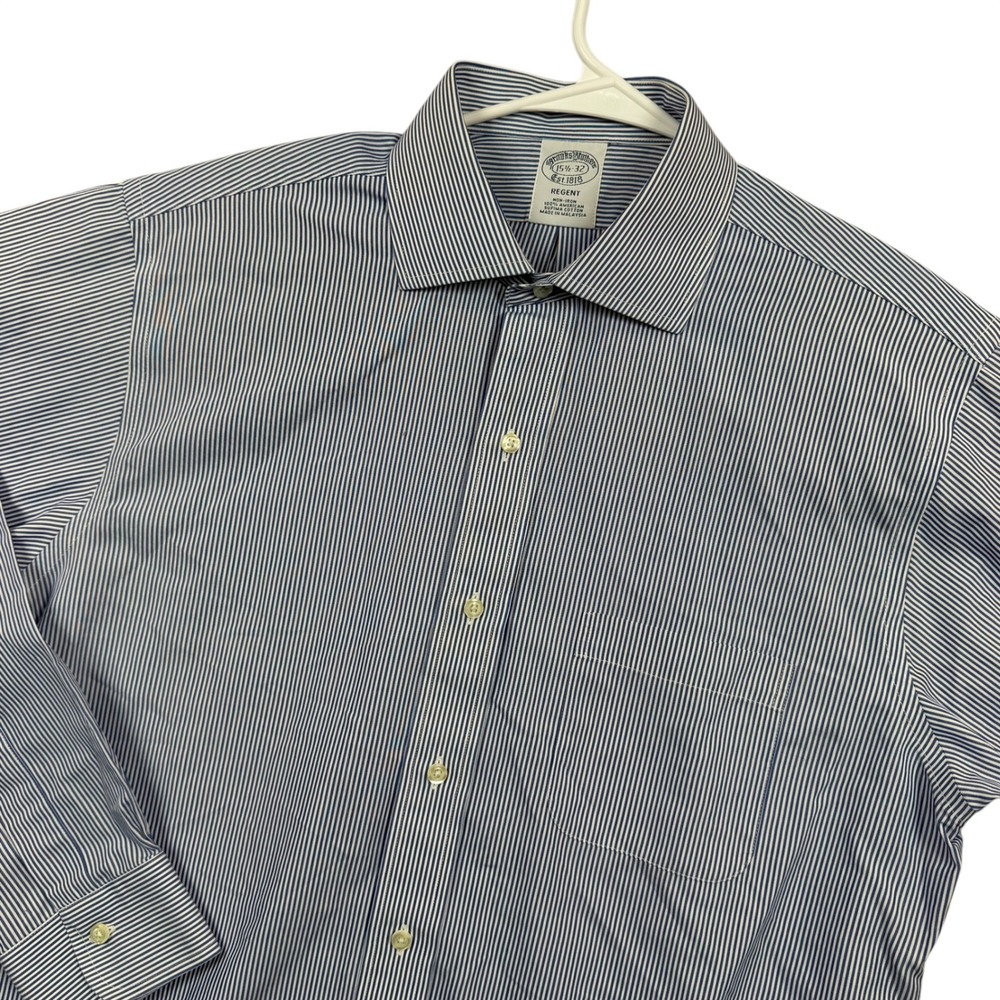 Brooks Brothers Dress Shirt Men 15.5 32 Blue Regent Non-Iron Stripe Supima
